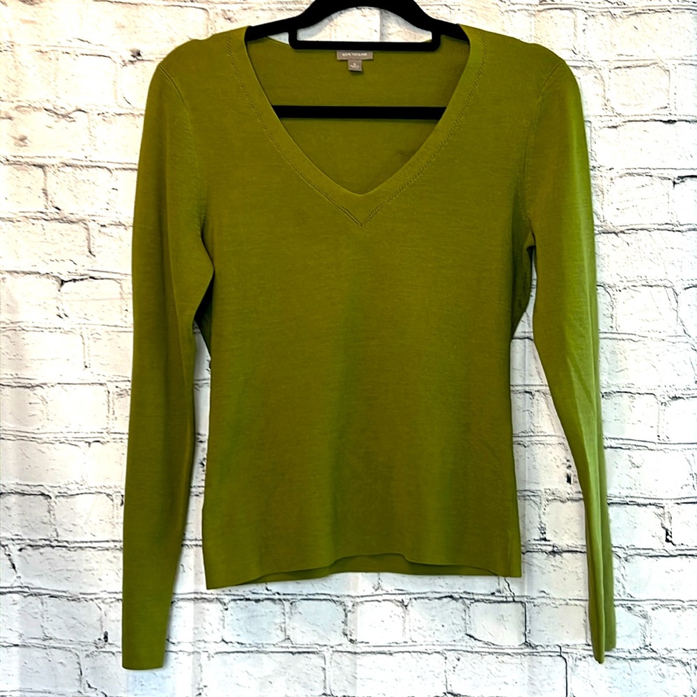 🌞 Ann Taylor long sleeve pullover v-neck sweater green silk blend women M